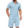 image:imagePrinStory Mens 2 Pieces Outfits Short Sleeve Tracksuit Beach Button Down Shirts and Shorts Set with PocketsGray Blue