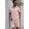 image:imagePrinStory Mens 2 Pieces Outfits Short Sleeve Tracksuit Beach Button Down Shirts and Shorts Set with PocketsPink