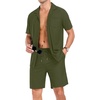 image:imagePrinStory Mens Short Sleeve Outfits 2 Piece Summer Beach Button Down Shirts and Shorts Set Tracksuit with PocketsArmy Green