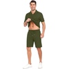 image:imagePrinStory Mens Short Sleeve Outfits 2 Piece Summer Beach Button Down Shirts and Shorts Set Tracksuit with PocketsArmy Green
