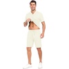 image:imagePrinStory Mens Short Sleeve Outfits 2 Piece Summer Beach Button Down Shirts and Shorts Set Tracksuit with PocketsBeige