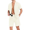 image:imagePrinStory Mens Short Sleeve Outfits 2 Piece Summer Beach Button Down Shirts and Shorts Set Tracksuit with PocketsBeige