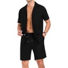 image:imagePrinStory Mens Short Sleeve Outfits 2 Piece Summer Beach Button Down Shirts and Shorts Set Tracksuit with PocketsBlack