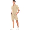 image:imagePrinStory Mens Short Sleeve Outfits 2 Piece Summer Beach Button Down Shirts and Shorts Set Tracksuit with PocketsKhaki