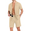 image:imagePrinStory Mens Short Sleeve Outfits 2 Piece Summer Beach Button Down Shirts and Shorts Set Tracksuit with PocketsKhaki