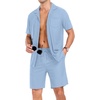 image:imagePrinStory Mens Short Sleeve Outfits 2 Piece Summer Beach Button Down Shirts and Shorts Set Tracksuit with PocketsLight Blue