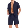 image:imagePrinStory Mens Short Sleeve Outfits 2 Piece Summer Beach Button Down Shirts and Shorts Set Tracksuit with PocketsNavy Blue