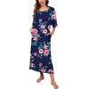 image:imagePrinStory Womens Long Nightgown Round Neck Nightshirts Short Sleeve Loose Loungewear Casual Sleep Dress With PocketsFpnavy Blue