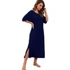 image:imagePrinStory Womens Long Nightgown Round Neck Nightshirts Short Sleeve Loose Loungewear Casual Sleep Dress With PocketsNavy Blue
