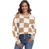 image:imagePrinStory Womens Long Sleeve Sweaters Loose Fit Crewneck Pullover Tops with Side Slits 2025 Fall Outfits Fashion ClothesWhite Khaki Plaid