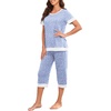 image:imagePrinStory Womens Pajama Set Short Sleeve Shirt and Capri Pants Sleepwear Pjs Sets Lounge SetSpot Blue