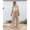 image:imagePrinStory Womens Summer Mix Cotton Linen Palazzo Pants High Waisted Wide Leg Long Lounge Trousers with Pocket