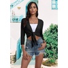 image:imagePrinStory Womens Tie Front Cropped Cardigan Summer 34 Sleeve Bolero Shrug for Sleeveless Dress Beach Cover Up Tops S4XL0 Light Black