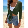 image:imagePrinStory Womens Tie Front Cropped Cardigan Summer 34 Sleeve Bolero Shrug for Sleeveless Dress Beach Cover Up Tops S4XLArmy Green