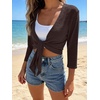 image:imagePrinStory Womens Tie Front Cropped Cardigan Summer 34 Sleeve Bolero Shrug for Sleeveless Dress Beach Cover Up Tops S4XLBrown