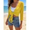 image:imagePrinStory Womens Tie Front Cropped Cardigan Summer 34 Sleeve Bolero Shrug for Sleeveless Dress Beach Cover Up Tops S4XLButter Yellow