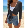 image:imagePrinStory Womens Tie Front Cropped Cardigan Summer 34 Sleeve Bolero Shrug for Sleeveless Dress Beach Cover Up Tops S4XLDark Gray