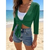 image:imagePrinStory Womens Tie Front Cropped Cardigan Summer 34 Sleeve Bolero Shrug for Sleeveless Dress Beach Cover Up Tops S4XLDark Green
