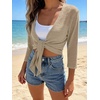 image:imagePrinStory Womens Tie Front Cropped Cardigan Summer 34 Sleeve Bolero Shrug for Sleeveless Dress Beach Cover Up Tops S4XLKhaki