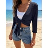 image:imagePrinStory Womens Tie Front Cropped Cardigan Summer 34 Sleeve Bolero Shrug for Sleeveless Dress Beach Cover Up Tops S4XLNavy Blue