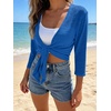 image:imagePrinStory Womens Tie Front Cropped Cardigan Summer 34 Sleeve Bolero Shrug for Sleeveless Dress Beach Cover Up Tops S4XLRoyal Blue