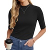 image:imagePrinStory Womens Tops Mock Neck Short Sleeve T Shirts Dressy Casual Ribbed Knit Slim Fit Summer Business Going Out Tops 2026 Carbon Black US XL