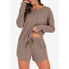 image:imagePrinStory Womens Waffle Knit Pajama Sets Long Sleeve Top and Shorts Matching 2 Piece Lounge Set Loungewear with PocketsKhaki