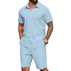 image:imagePrinStory Mens 2 Pieces Outfits Short Sleeve Tracksuit Beach Button Down Shirts and Shorts Set with PocketsGray Blue