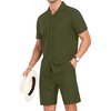 image:imagePrinStory Mens Short Sleeve Outfits 2 Piece Summer Beach Button Down Shirts and Shorts Set Tracksuit with PocketsArmy Green