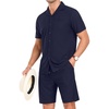 image:imagePrinStory Mens Short Sleeve Outfits 2 Piece Summer Beach Button Down Shirts and Shorts Set Tracksuit with PocketsNavy Blue