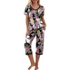 image:imagePrinStory Womens Pajama Set Short Sleeve Shirt and Capri Pants Sleepwear Pjs Sets with PocketsFpbig Leaf Pink