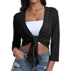 image:imagePrinStory Womens Tie Front Cropped Cardigan Summer 34 Sleeve Bolero Shrug for Sleeveless Dress Beach Cover Up Tops S4XL0 Light Black