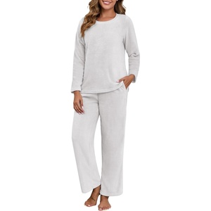 image:imagePrinStory Fluffy Flannel Winter Pajamas for Women  Plush Fleece Warmth 2Piece Fuzzy Pajama Set with PocketsLight Gray