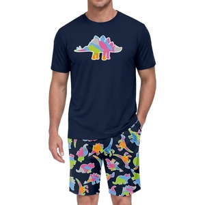 image:imagePrinStory Men Pajama Set Summer Pjs Sleepwear Short Sleeve Graphic Tee and Printed Shorts Novelty Loungewear With PocketNavy Blue Dinosaur