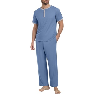image:imagePrinStory Mens Pajama Set Pjs Sleepwear Lightweight Quick Dry Cozy Short Sleeve Button Neck Shirts and Pants Soft Sleep SetsGray Blue