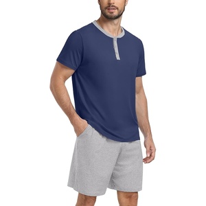image:imagePrinStory Mens Pajama Set Pjs Sleepwear Lightweight Quick Dry Cozy Short Sleeve Button Neck Shirts and Shorts Sleep SetsNavy Blue