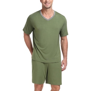 image:imagePrinStory Mens Pajama Set Sleepwear Pjs Lightweight Quick Dry Short Sleeve VNeck Shirts and Shorts Soft Comfy Sleep Sets01 Army Green
