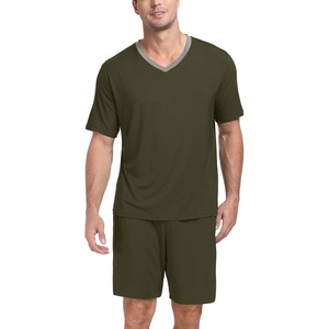 image:imagePrinStory Mens Pajama Set Sleepwear Pjs Lightweight Quick Dry Short Sleeve VNeck Shirts and Shorts Soft Comfy Sleep Sets01 Olive Green