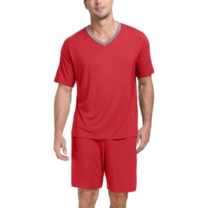 image:imagePrinStory Mens Pajama Set Sleepwear Pjs Lightweight Quick Dry Short Sleeve VNeck Shirts and Shorts Soft Comfy Sleep Sets01 Red