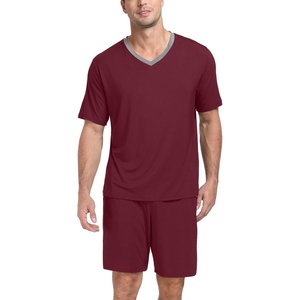 image:imagePrinStory Mens Pajama Set Sleepwear Pjs Lightweight Quick Dry Short Sleeve VNeck Shirts and Shorts Soft Comfy Sleep Sets01 Wine Red