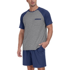 image:imagePrinStory Mens Pajama Set Summer Pjs Sleepwear Nightwear Lightweight Quick Dry Soft Stripe Sleep Set With Pocket S2XL00 Navy Blue
