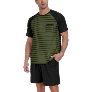 image:imagePrinStory Mens Pajama Set Summer Pjs Sleepwear Nightwear Lightweight Quick Dry Soft Stripe Sleep Set With Pocket S2XL01black Green Stripe