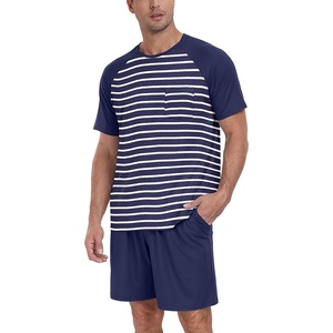 image:imagePrinStory Mens Pajama Set Summer Pjs Sleepwear Nightwear Lightweight Quick Dry Soft Stripe Sleep Set With Pocket S2XL02dark Blue Stripe
