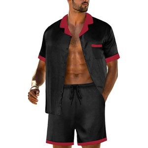 image:imagePrinStory Mens Pajamas Set Satin Silk Pajama For Men Sleepwear Shorts Summer 2 Piece Button Down Set SXXLBlack Red