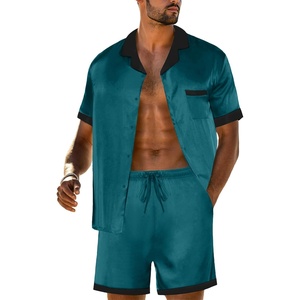 image:imagePrinStory Mens Pajamas Set Satin Silk Pajama For Men Sleepwear Shorts Summer 2 Piece Button Down Set SXXLBlue Green Black