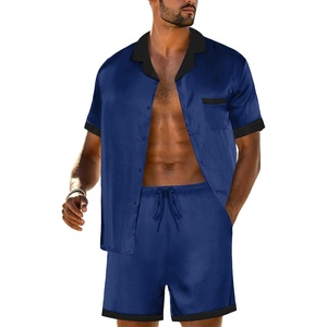 image:imagePrinStory Mens Pajamas Set Satin Silk Pajama For Men Sleepwear Shorts Summer 2 Piece Button Down Set SXXLNavy Blue Black