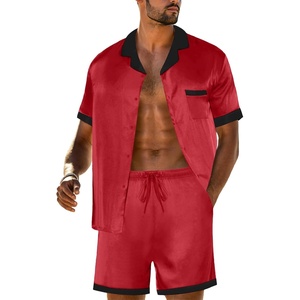 image:imagePrinStory Mens Pajamas Set Satin Silk Pajama For Men Sleepwear Shorts Summer 2 Piece Button Down Set SXXLRed Black
