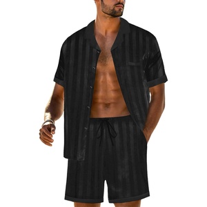 image:imagePrinStory Mens Pajamas Set Satin Silk Pajama For Men Sleepwear Shorts Summer 2 Piece Button Down Set SXXLTw Black