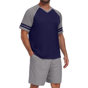 image:imagePrinStory Mens Pajamas Set Short Sleeve Lightweight and Soft Pajama Sets Summer Pjs Sets with PocketsNavy Blue Dark Gray
