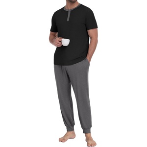 image:imagePrinStory Mens Pajamas Set Short Sleeve Pjs Sets 2 Piece Soft Pajama Henley Neckline Loungewear Sets with PocketsBlack Dark Gray